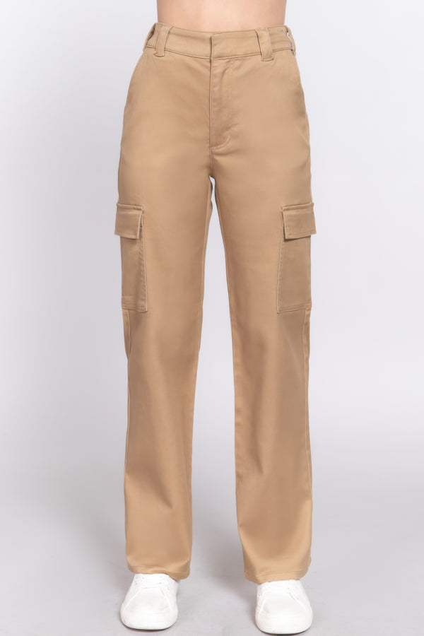 Straight fit tan long pants with zip fly, button waist, cargo side pockets