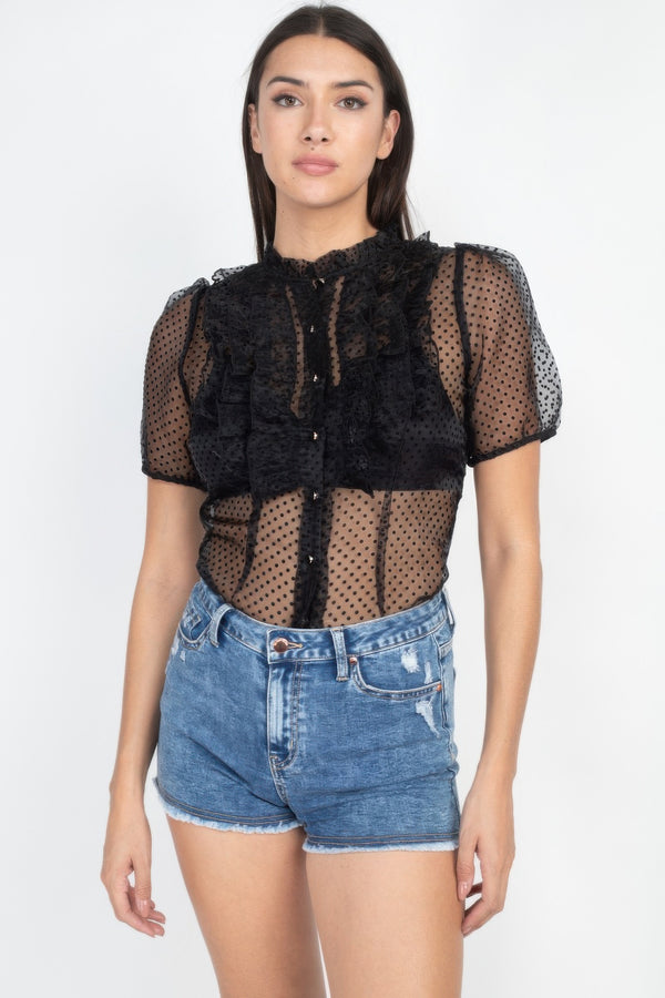 Black sheer dot mesh short-sleeve top with ruffle-trim high neck