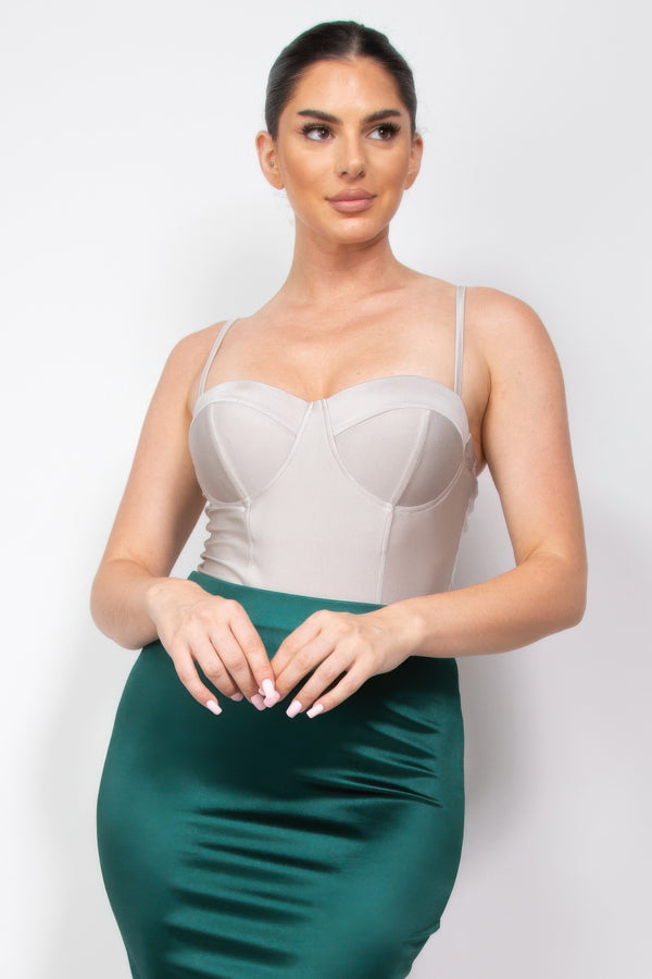 Solid sweetheart cami bodysuit with spaghetti straps, light gray, fitted bodice