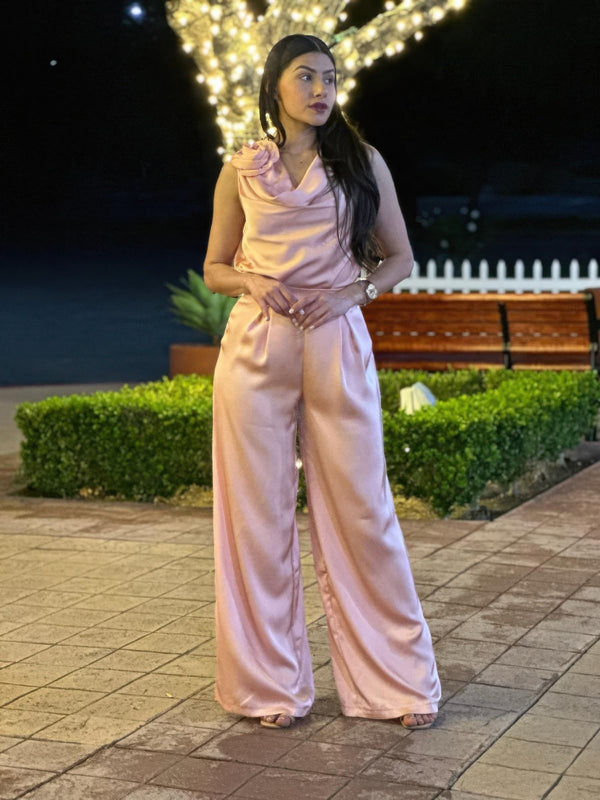 Light pink satin set: sleeveless top and wide-leg pants, wrap-style bodice