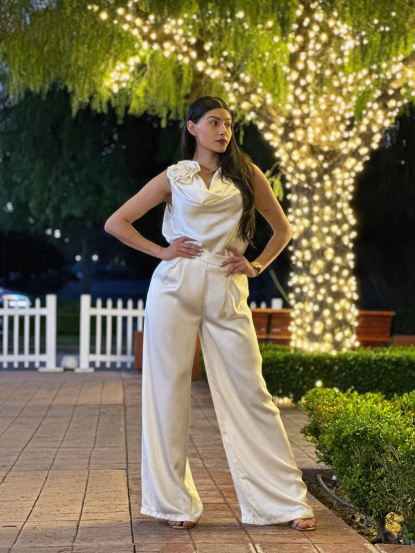 Satin wide-leg pants and flower sleeveless top set, light cream, front view