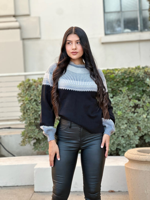 Color block knit pull-out sweater with light blue patterned yoke and dark navy body