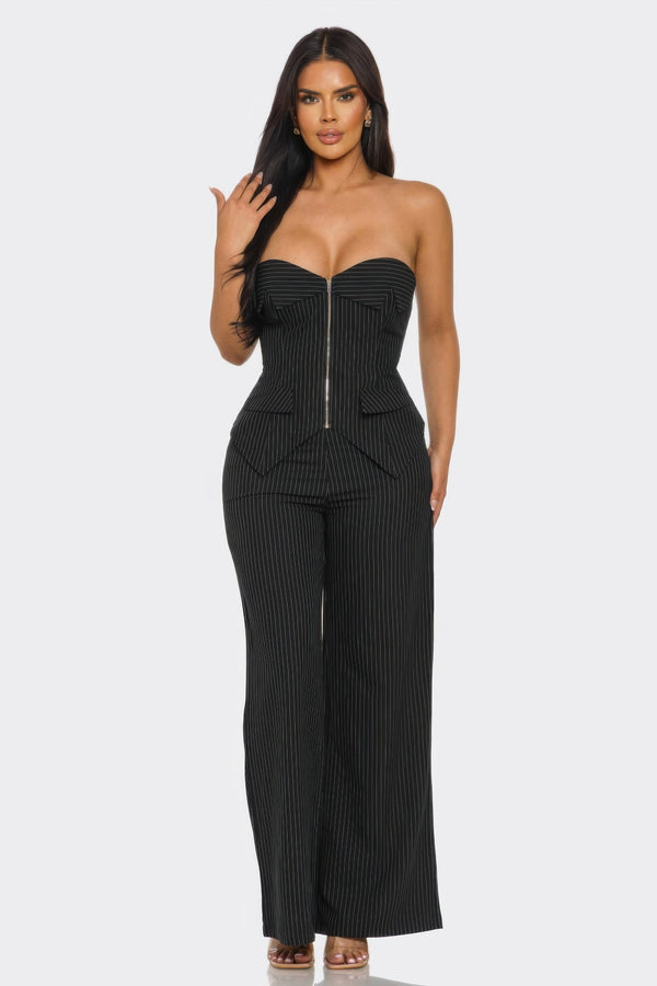 Black striped corset-style top and wide-leg pants set, zip-front, peplum detail