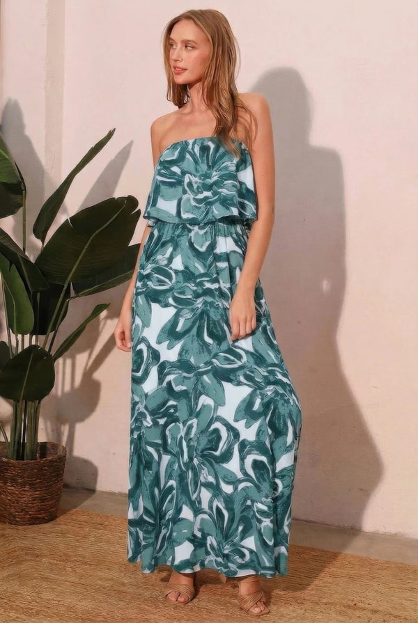 Strapless teal maxi dress with ruffled tiered bodice and flowing floral print