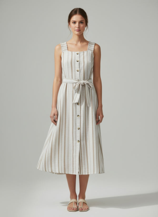 Striped sleeveless midi dress with square neckline, button front, and tie waist