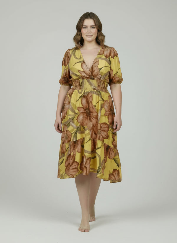 Floral dress with V-neck, puff sleeves, and tiered skirt; yellow with brown red prints