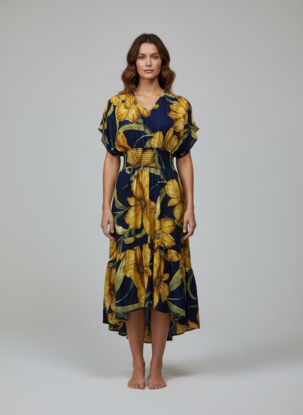 Floral midi dress in dark blue with yellow blooms, short sleeves, tied waist belt
