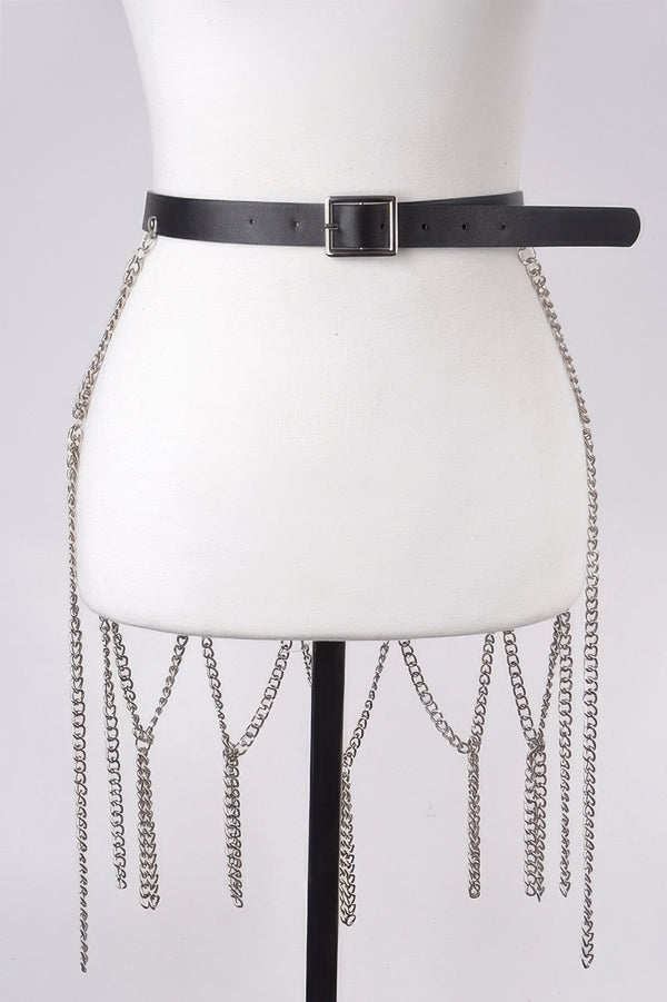 Black leather belt with silver chain fringe skirt, silver-tone chain drape from waist.